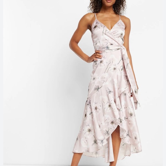 Express Midi Dress Large Pink Floral Ruffled Wrap Hi Lo Silky Adjustable Strap - Picture 1 of 16